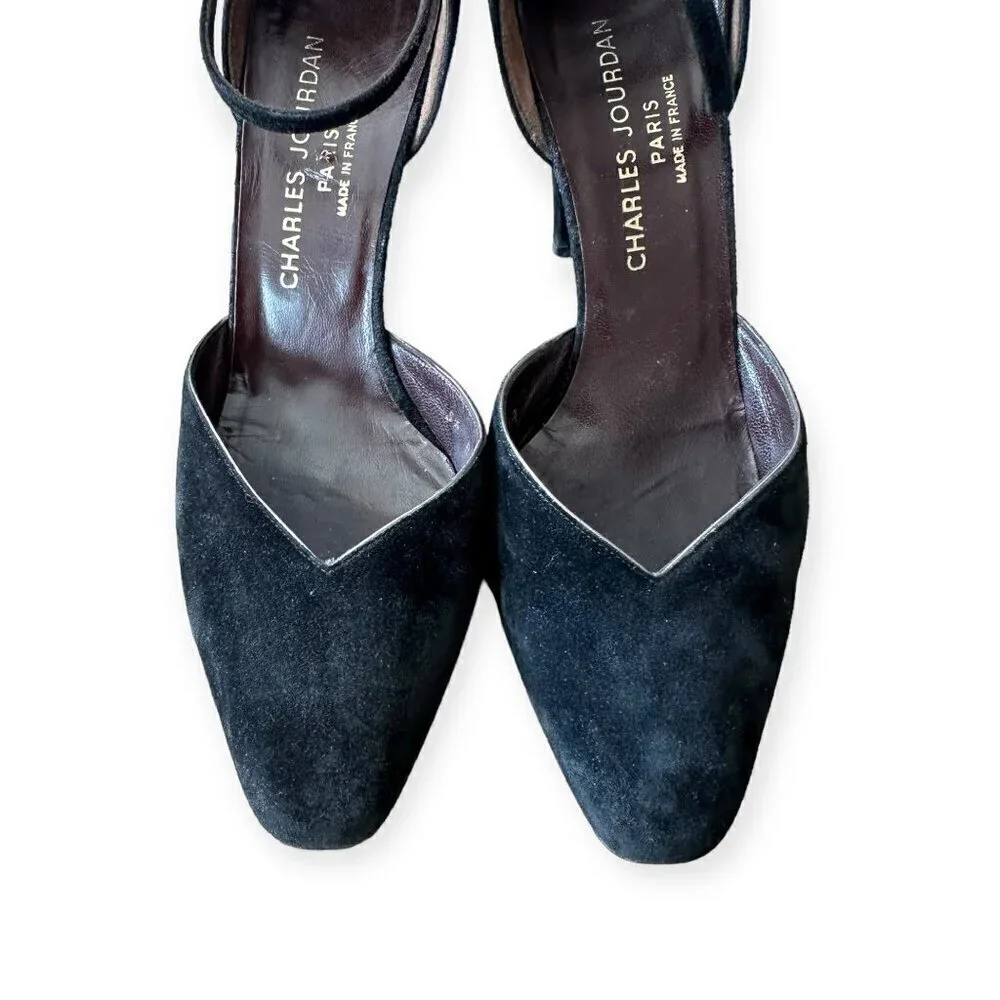 Vintage Charles Jourdan Black Suede Ankle Strap Pumps,  Size 8 1/2